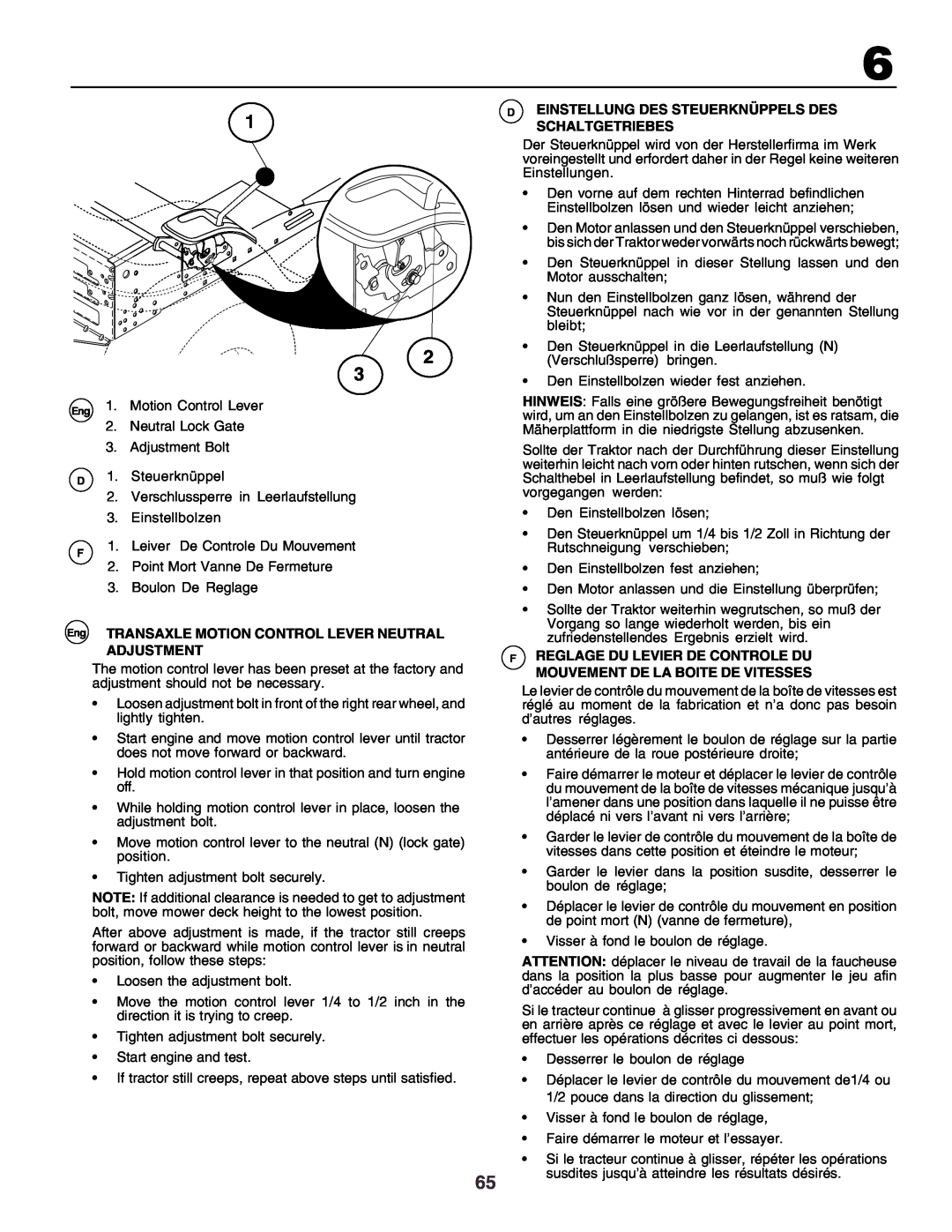 Husqvarna YTH170 instruction manual Eng 1. Motion Control Lever 2.Neutral Lock Gate 