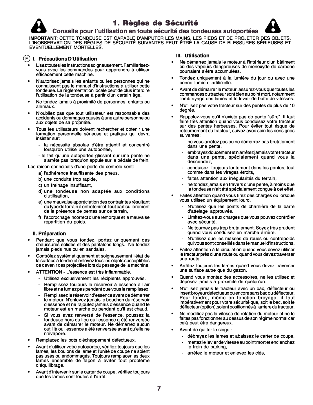 Husqvarna YTH170 instruction manual 1. Règles de Sécurité, FI. Précautions DUtilisation, II.Préparation, III.Utilisation 