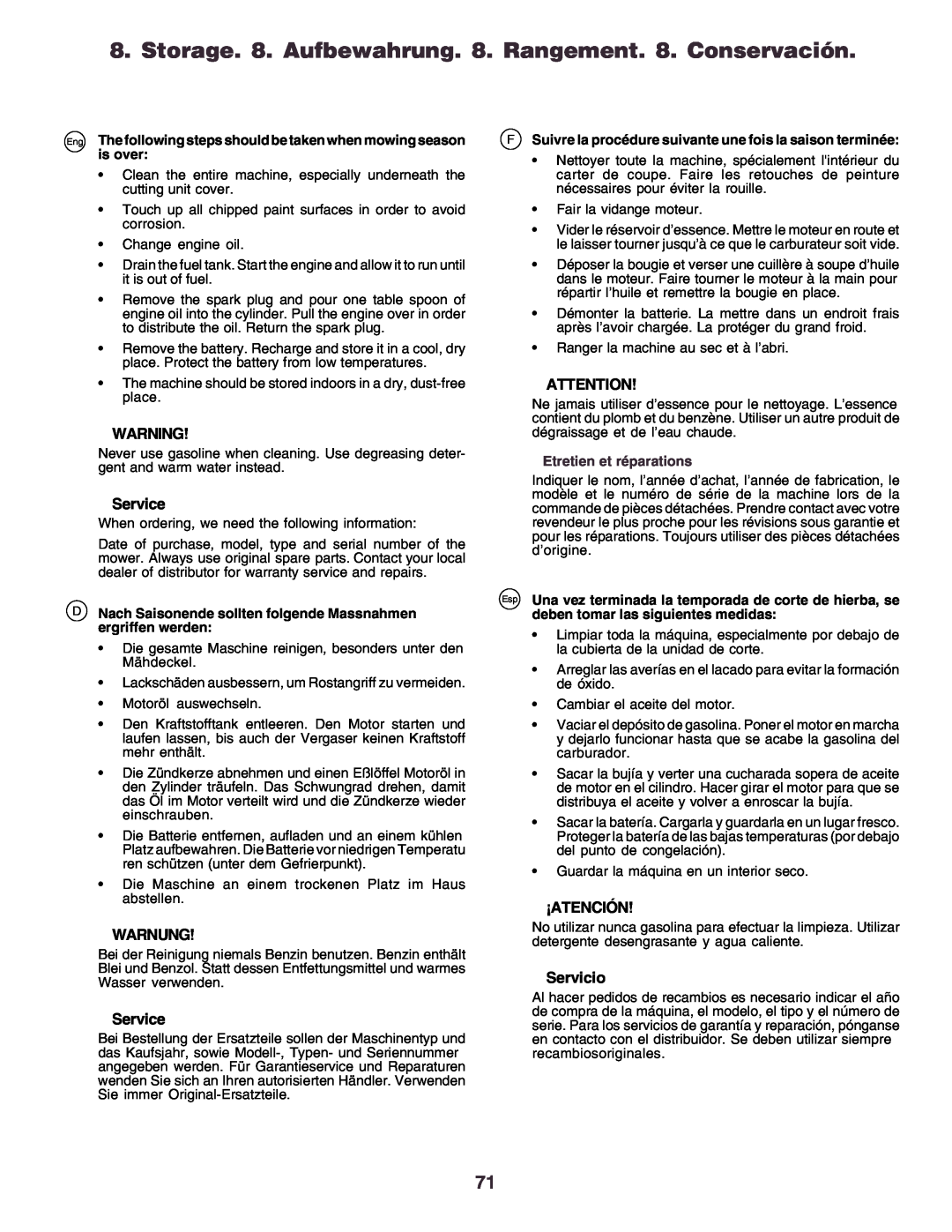 Husqvarna YTH170 instruction manual Service, Warnung, ¡Atención, Servicio, Etretien et réparations 