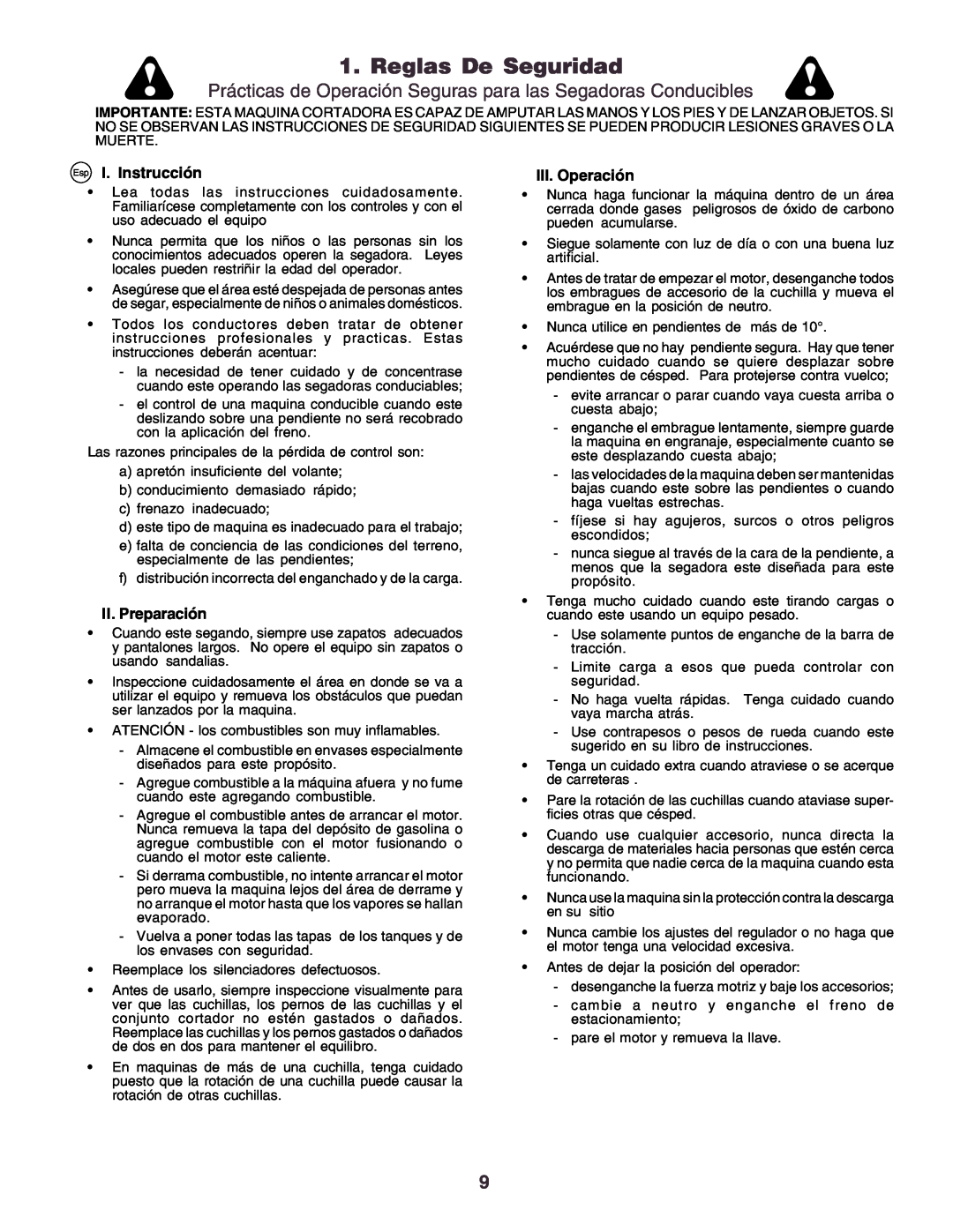 Husqvarna YTH170 instruction manual Reglas De Seguridad, Esp I. Instrucción, II. Preparación, III.Operación 