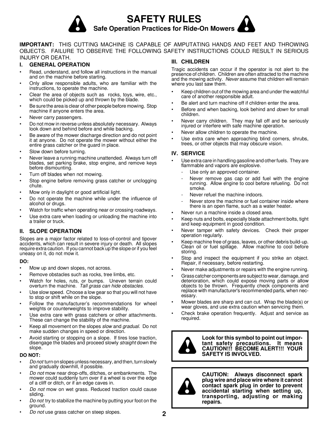 Husqvarna YTH180 Safe Operation Practices for Ride-On Mowers, General Operation, II. Slope Operation, III. Children 