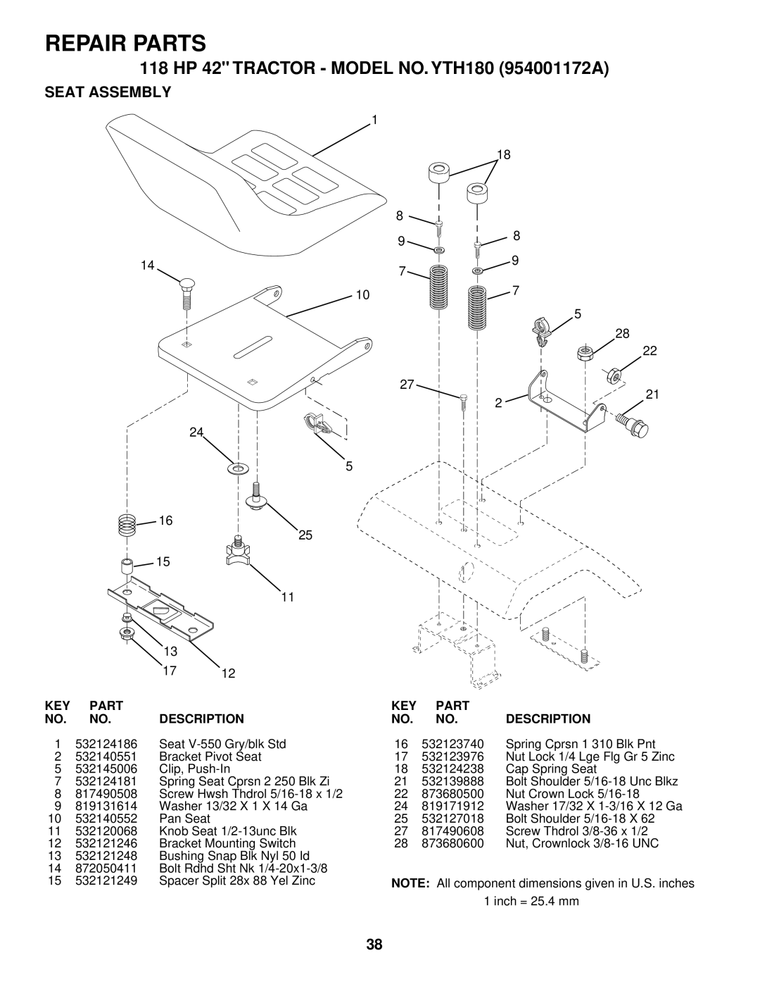 Husqvarna owner manual 118 HP 42 Tractor Model NO. YTH180 954001172A, Seat Assembly 