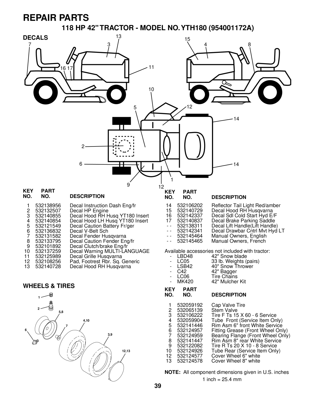 Husqvarna YTH180 owner manual Wheels & Tires, LBD48, LSB42 