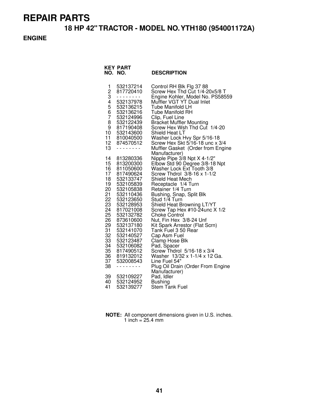 Husqvarna YTH180 owner manual Engine, KEY Part NO. no Description 