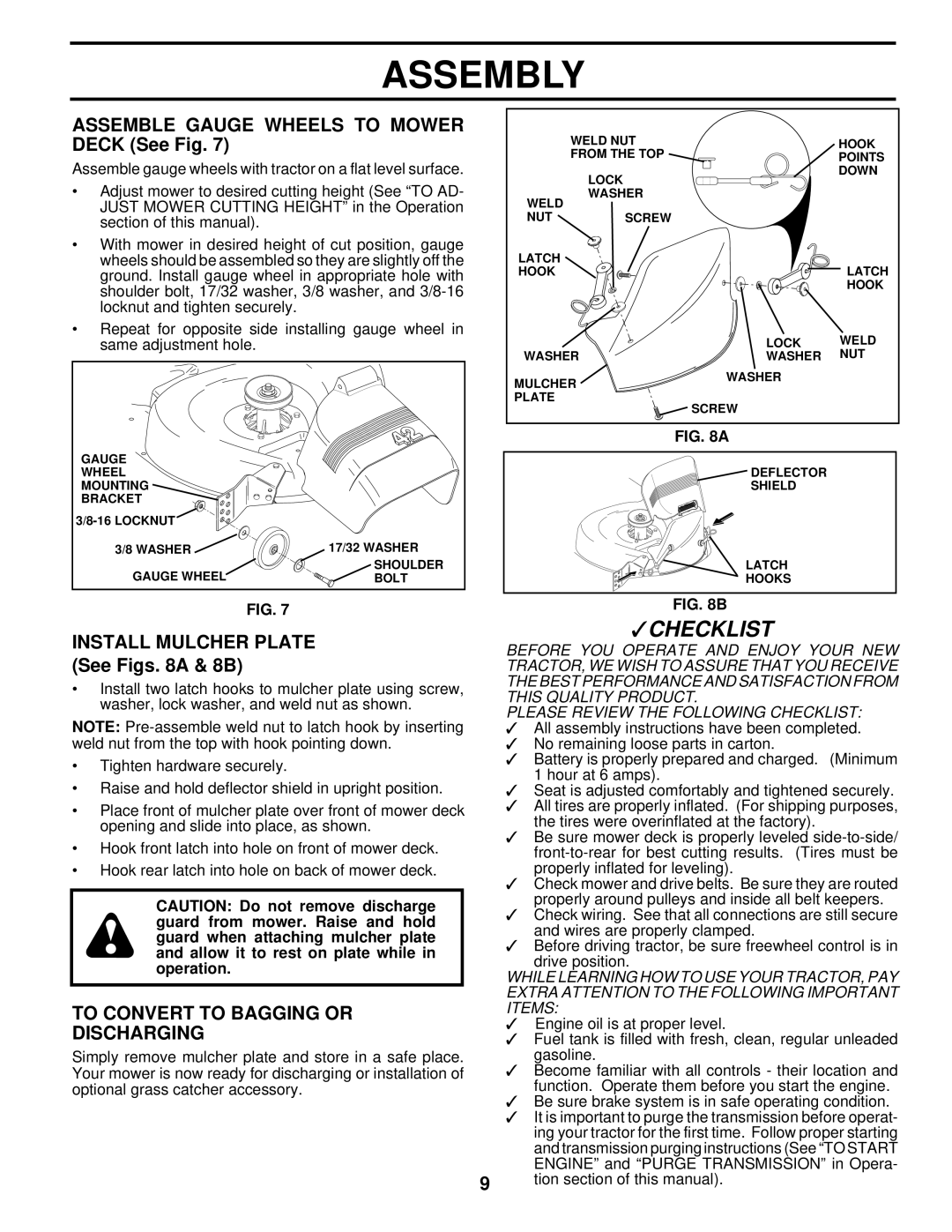 Husqvarna YTH180 owner manual Assemble Gauge Wheels to Mower Deck See Fig, Install Mulcher Plate See Figs a & 8B 