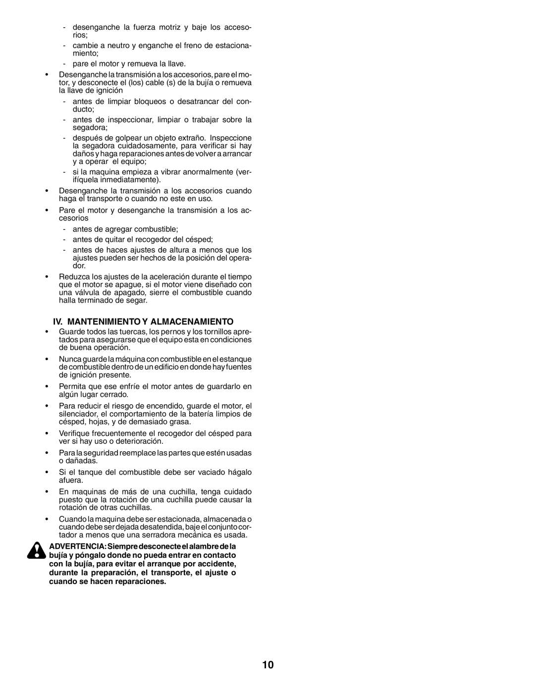 Husqvarna YTH180XP instruction manual IV. Mantenimiento Y Almacenamiento 