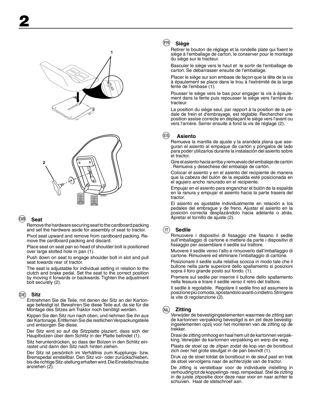 Husqvarna YTH180XP instruction manual Seat, Sitz, Siège, Asiento, Sedile, Zitting 