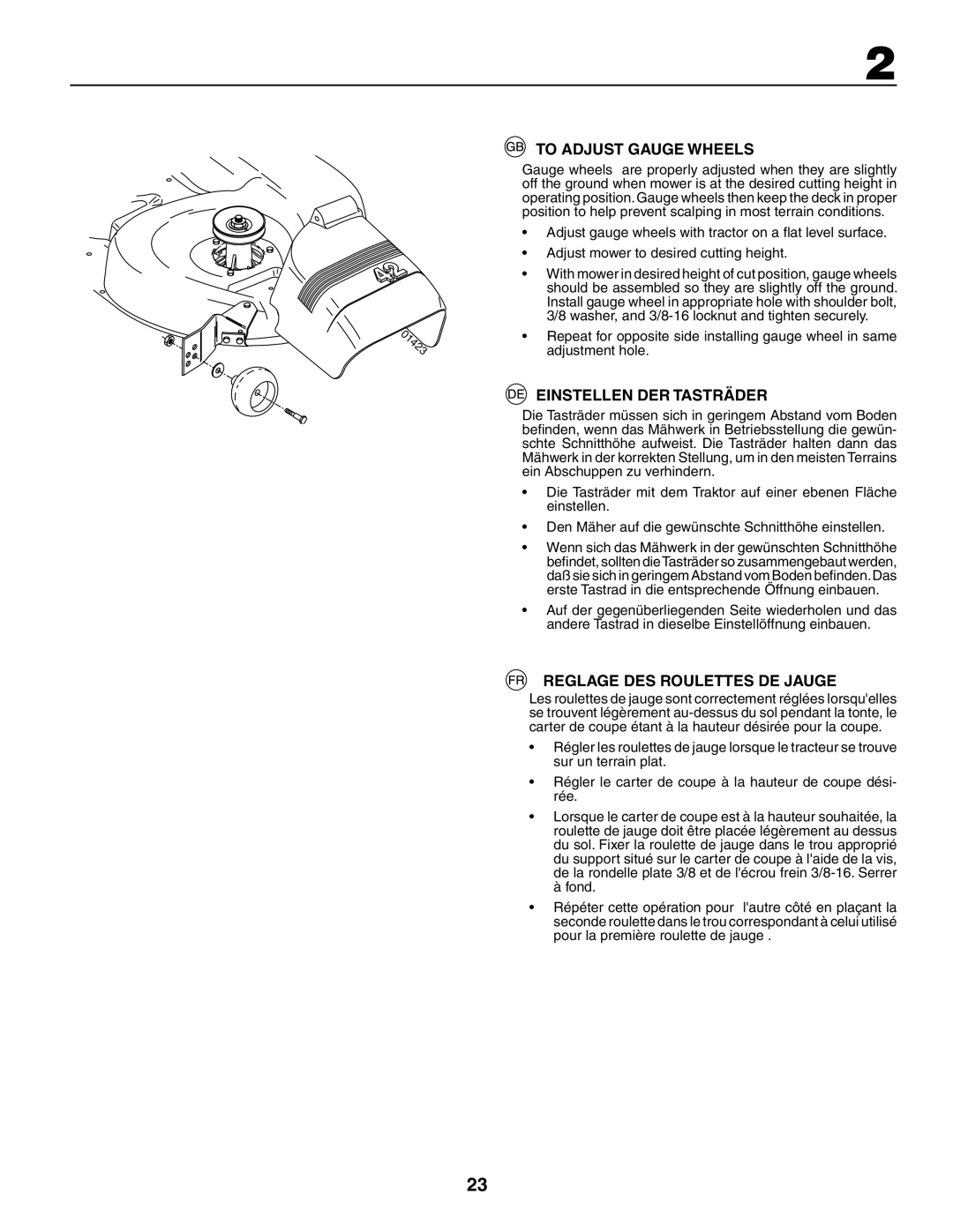 Husqvarna YTH180XP instruction manual To Adjust Gauge Wheels, Einstellen DER Tasträder, Reglage DES Roulettes DE Jauge 