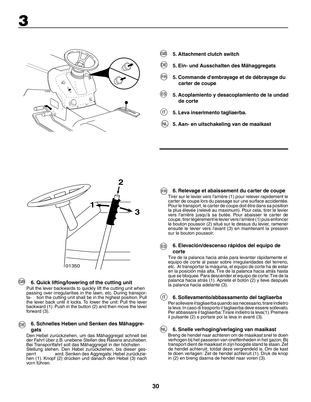 Husqvarna YTH180XP Quick lifting/lowering of the cutting unit, Schnelles Heben und Senken des Mähaggre- gats 