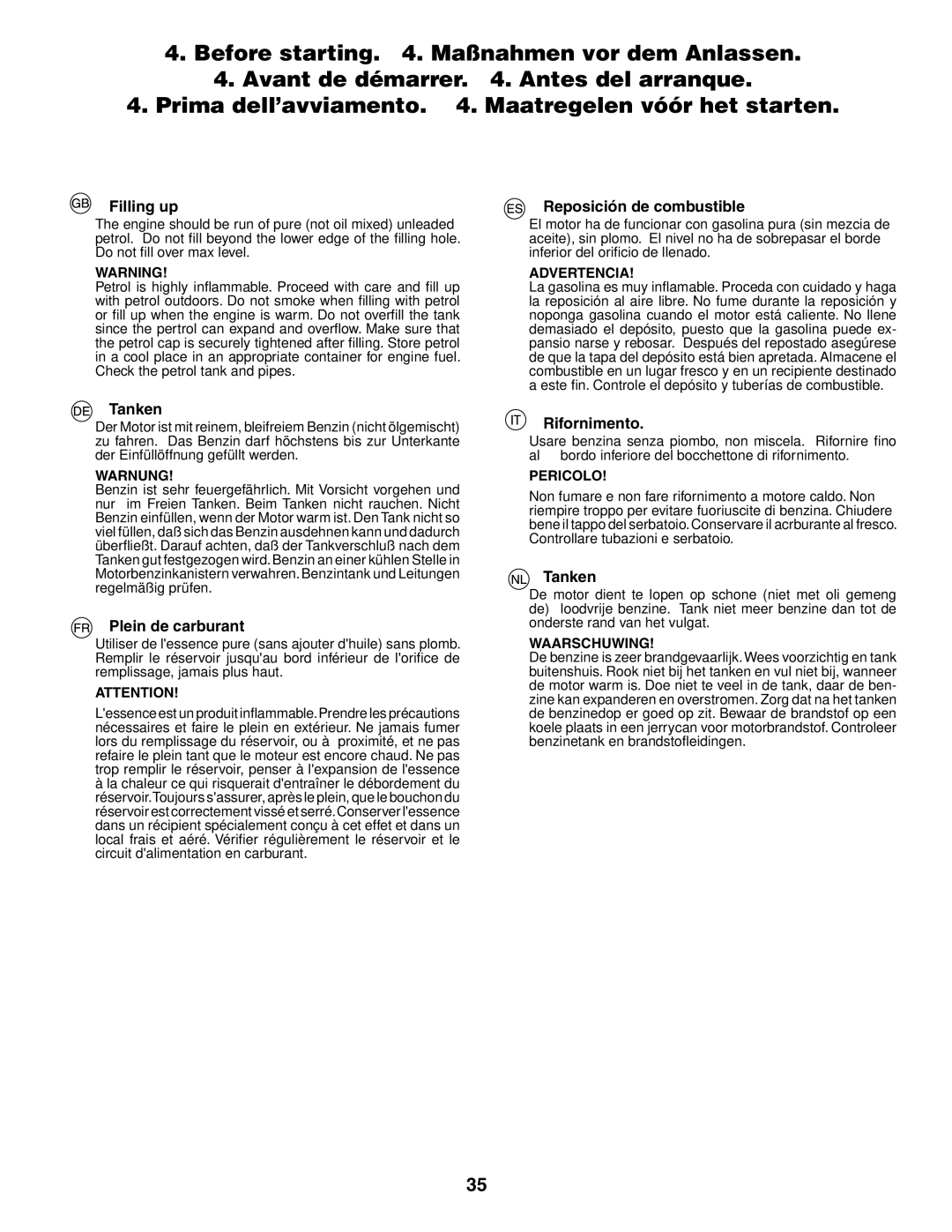 Husqvarna YTH180XP instruction manual Filling up, Reposición de combustible, Tanken, Plein de carburant, Rifornimento 