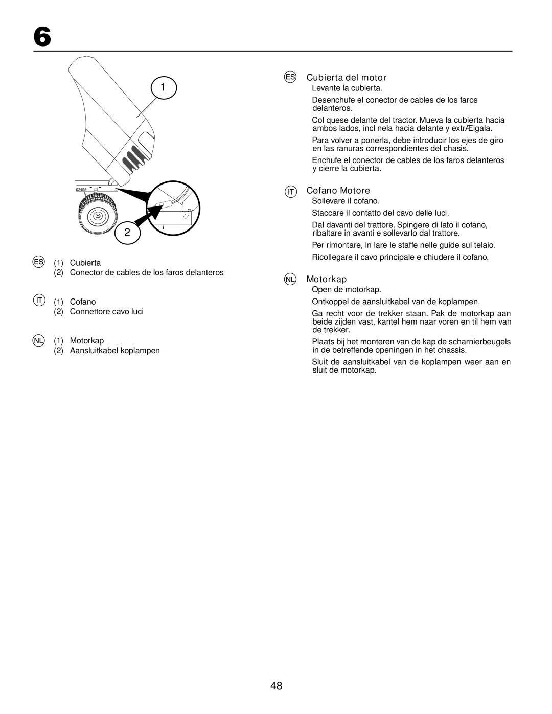 Husqvarna YTH180XP instruction manual Cubierta del motor, Cofano Motore, Motorkap 