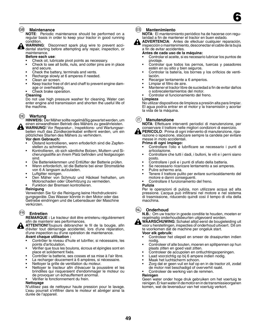 Husqvarna YTH180XP instruction manual Maintenance, Wartung, Entretien, Mantenimiento, Manutenzione, Onderhoud 