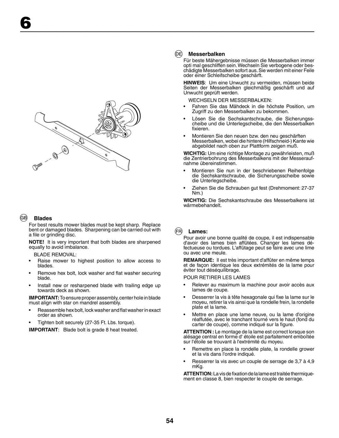 Husqvarna YTH180XP instruction manual Blades, Messerbalken, Lames 