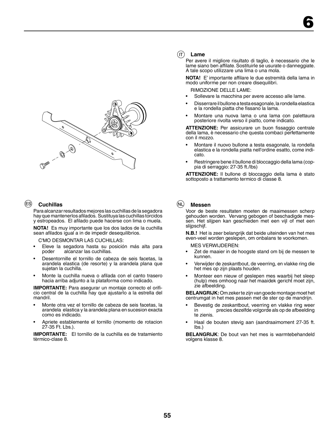 Husqvarna YTH180XP instruction manual Cuchillas, Lame, Messen, Eleve la segadora hasta su posición más alta para Poder 