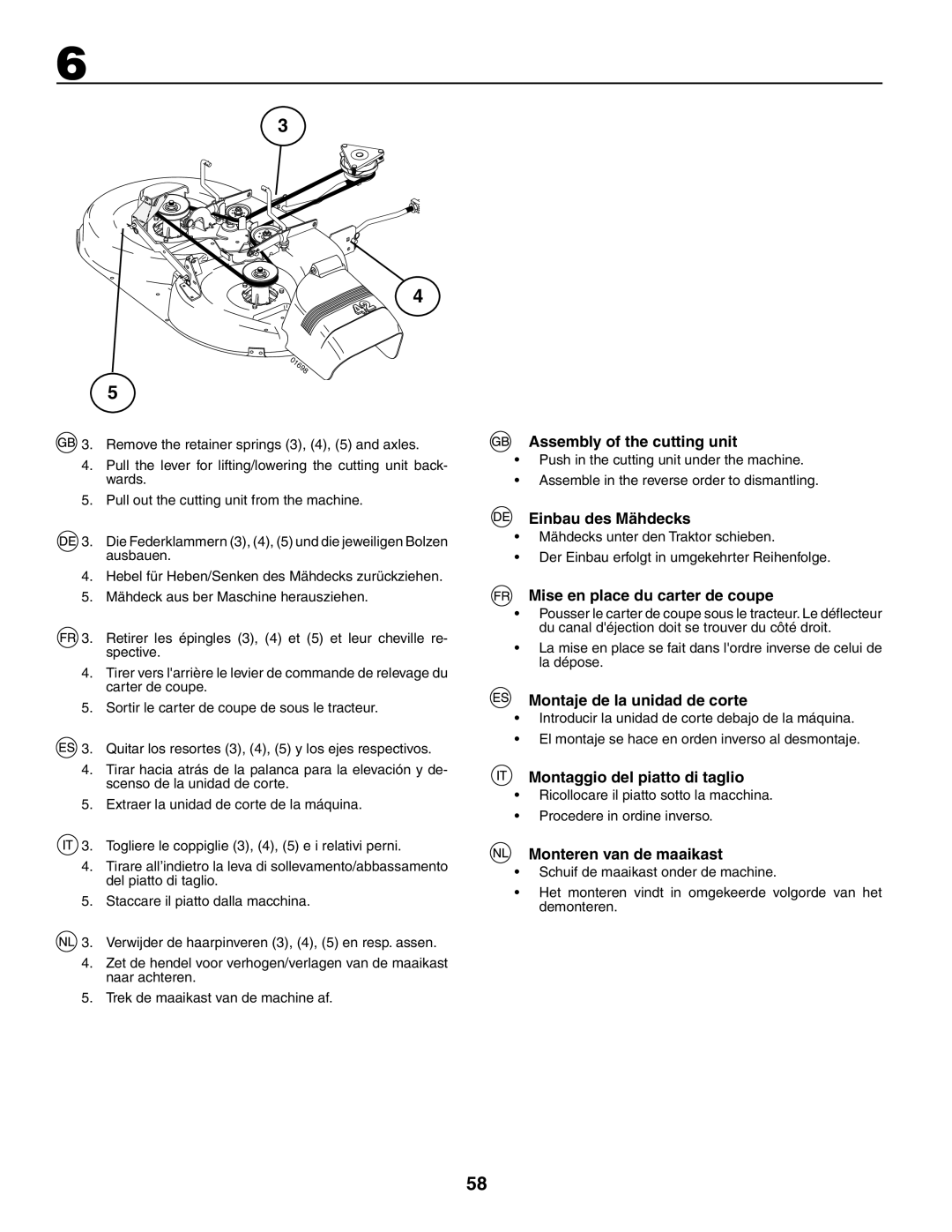 Husqvarna YTH180XP instruction manual Assembly of the cutting unit, Einbau des Mähdecks, Mise en place du carter de coupe 