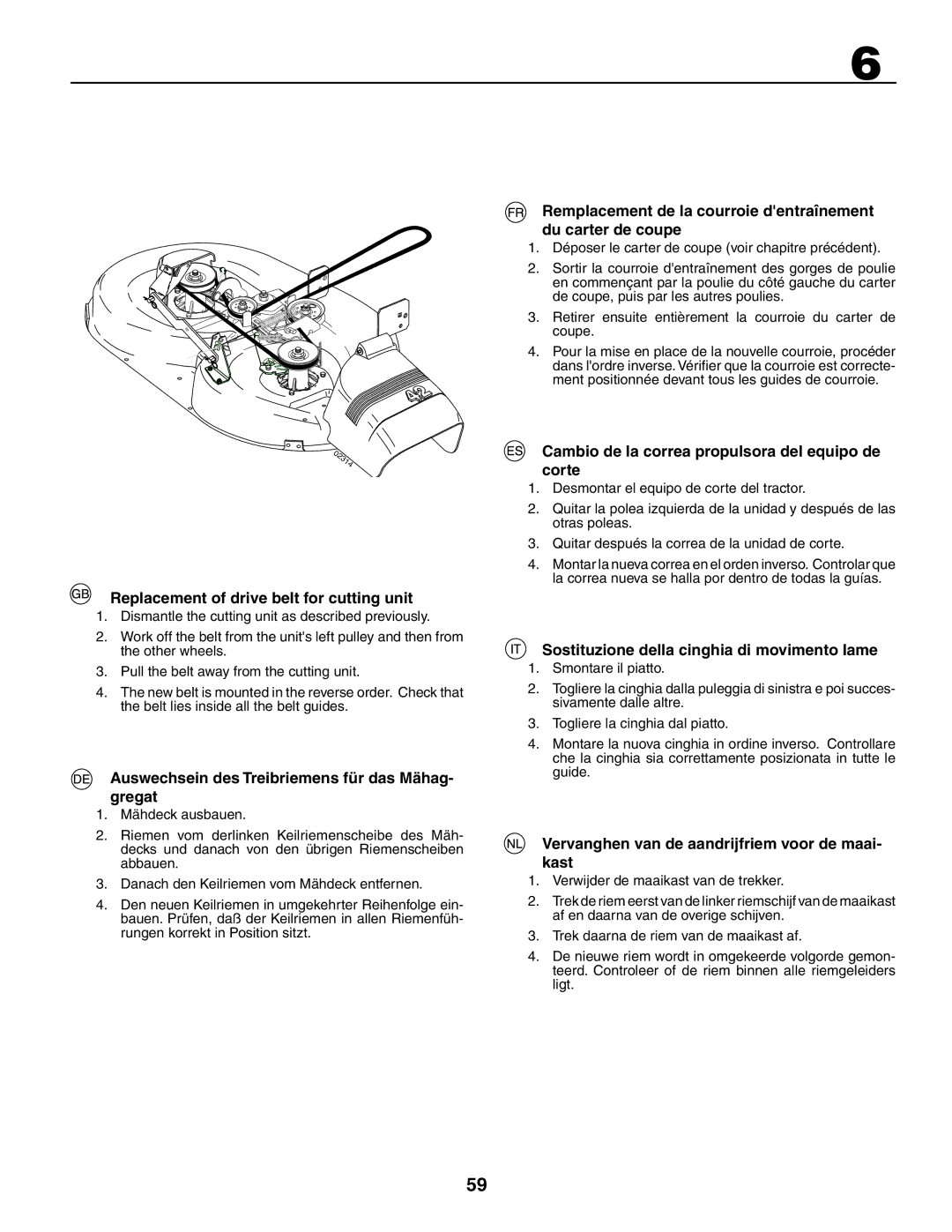 Husqvarna YTH180XP Replacement of drive belt for cutting unit, Auswechsein des Treibriemens für das Mähag- gregat 