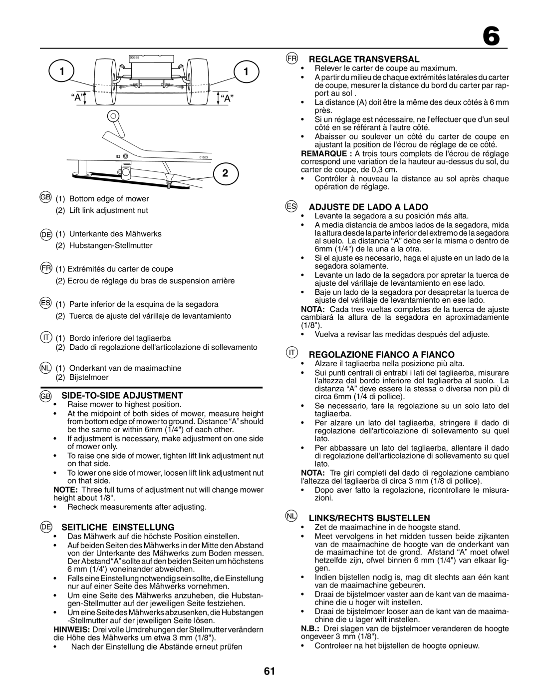 Husqvarna YTH180XP SIDE-TO-SIDE Adjustment, Seitliche Einstellung, Reglage Transversal, Adjuste DE Lado a Lado 