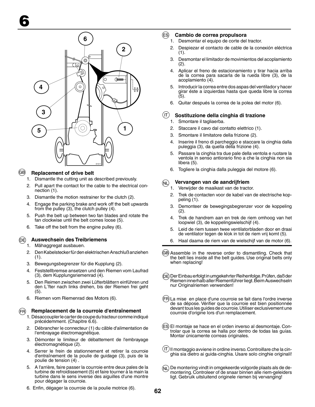 Husqvarna YTH180XP Replacement of drive belt, Auswechsein des Treibriemens, Remplacement de la courroie dentraînement 