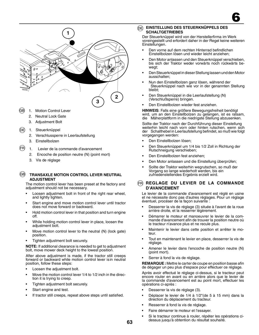 Husqvarna YTH180XP Reglage DU Levier DE LA Commande D’AVANCEMENT, Transaxle Motion Control Lever Neutral Adjustment 