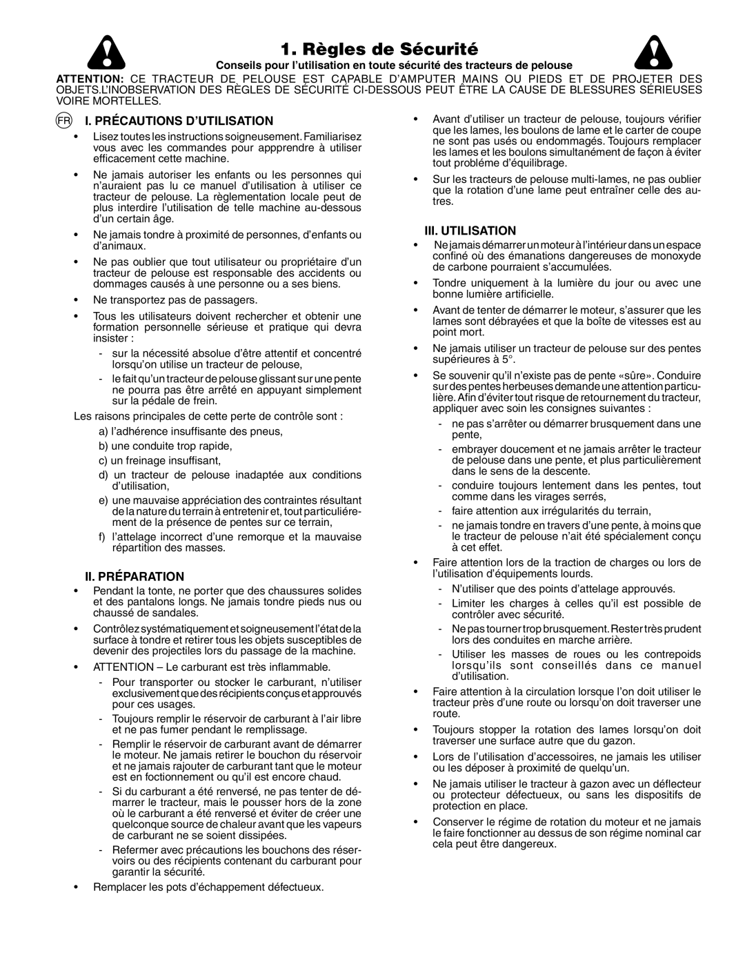 Husqvarna YTH180XP instruction manual Règles de Sécurité, Précautions D’UTILISATION, II. Préparation, III. Utilisation 