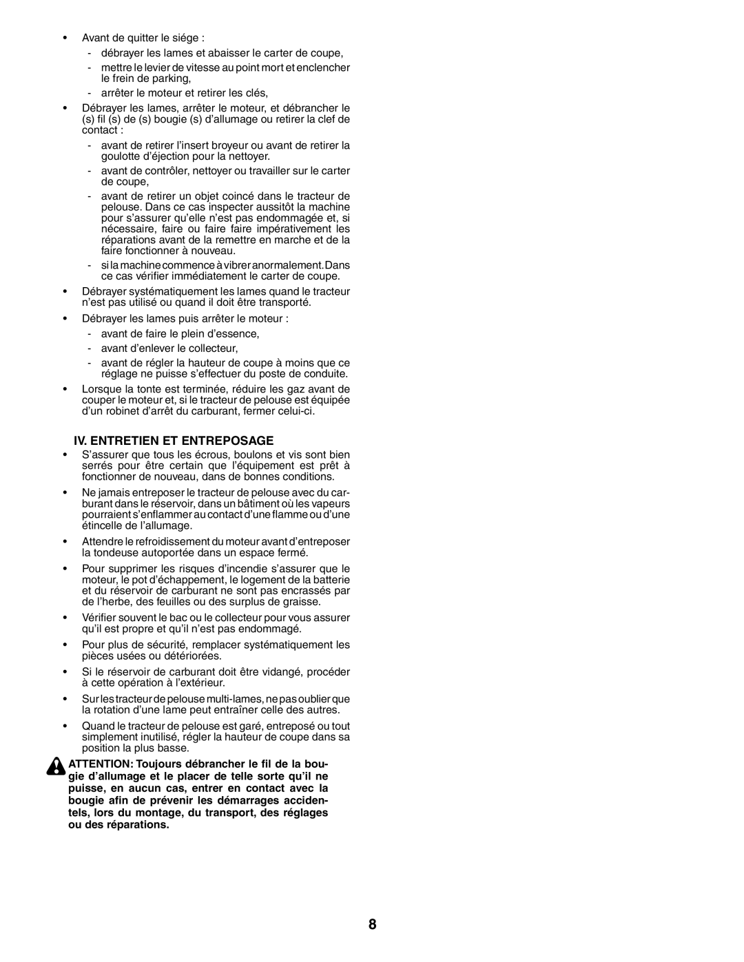 Husqvarna YTH180XP instruction manual IV. Entretien ET Entreposage 