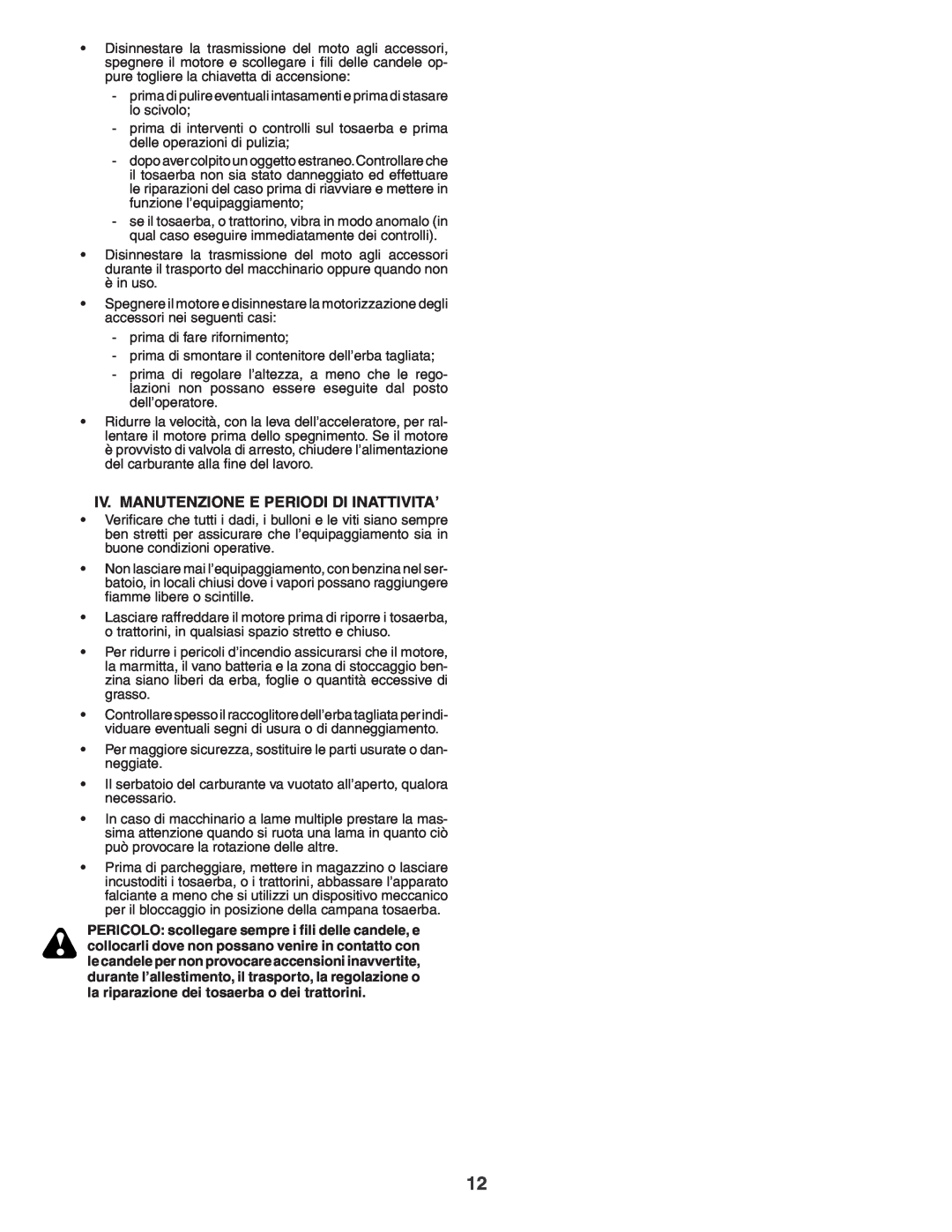 Husqvarna YTH180XP instruction manual Iv. Manutenzione E Periodi Di Inattivita’ 