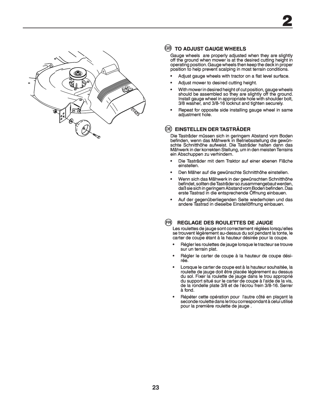 Husqvarna YTH180XP instruction manual To Adjust Gauge Wheels, Einstellen Der Tasträder, Reglage Des Roulettes De Jauge 