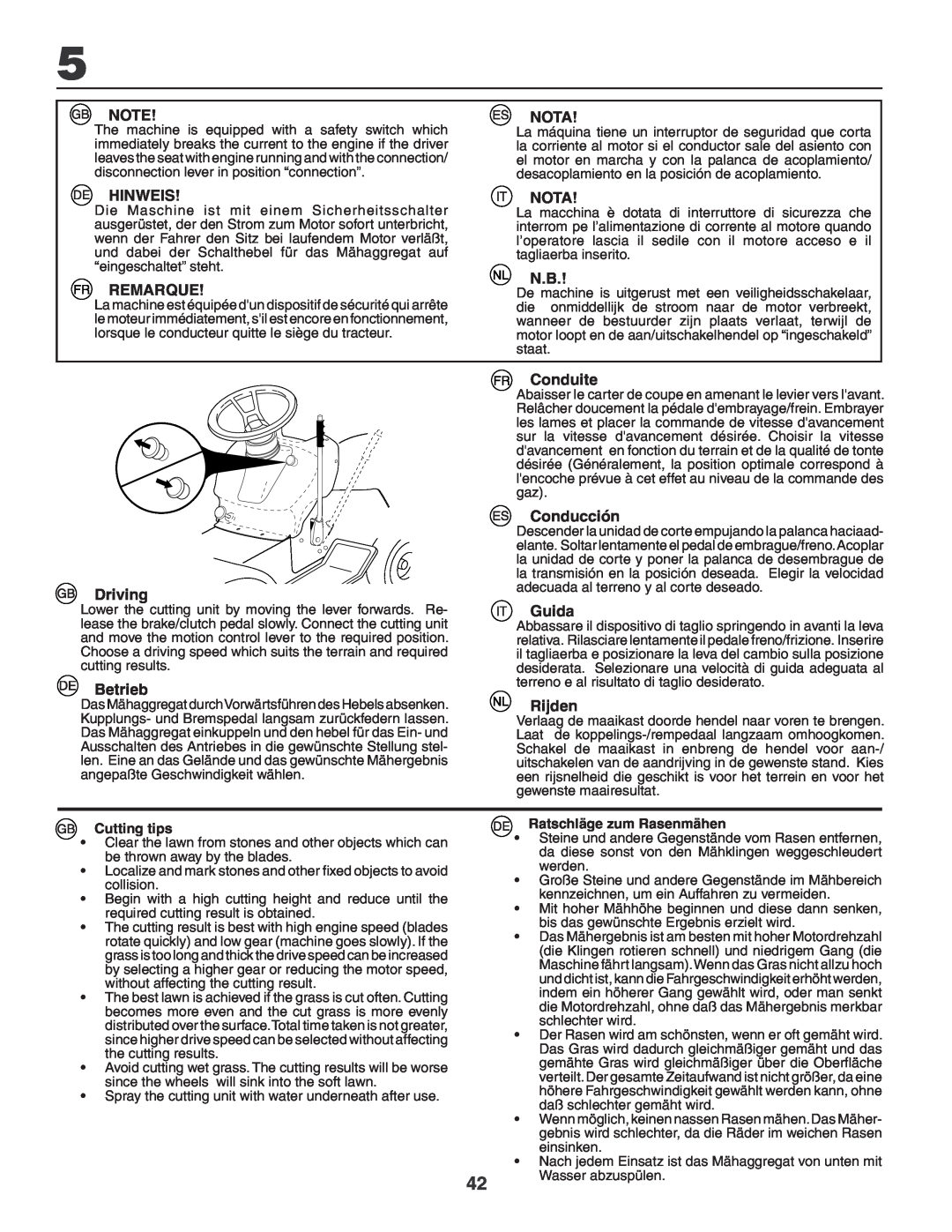 Husqvarna YTH180XP instruction manual Hinweis, Remarque, Nota, Driving, Betrieb, Conduite, Conducción, Guida, Rijden 