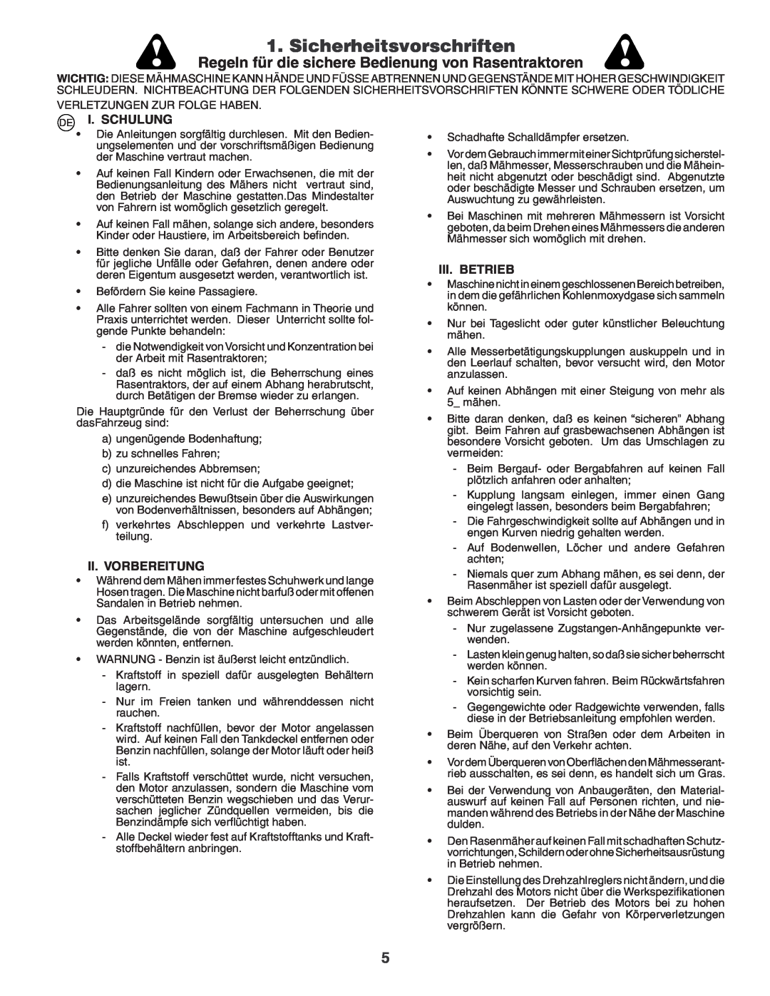 Husqvarna YTH180XP Sicherheitsvorschriften, Regeln für die sichere Bedienung von Rasentraktoren, I. Schulung, Iii. Betrieb 