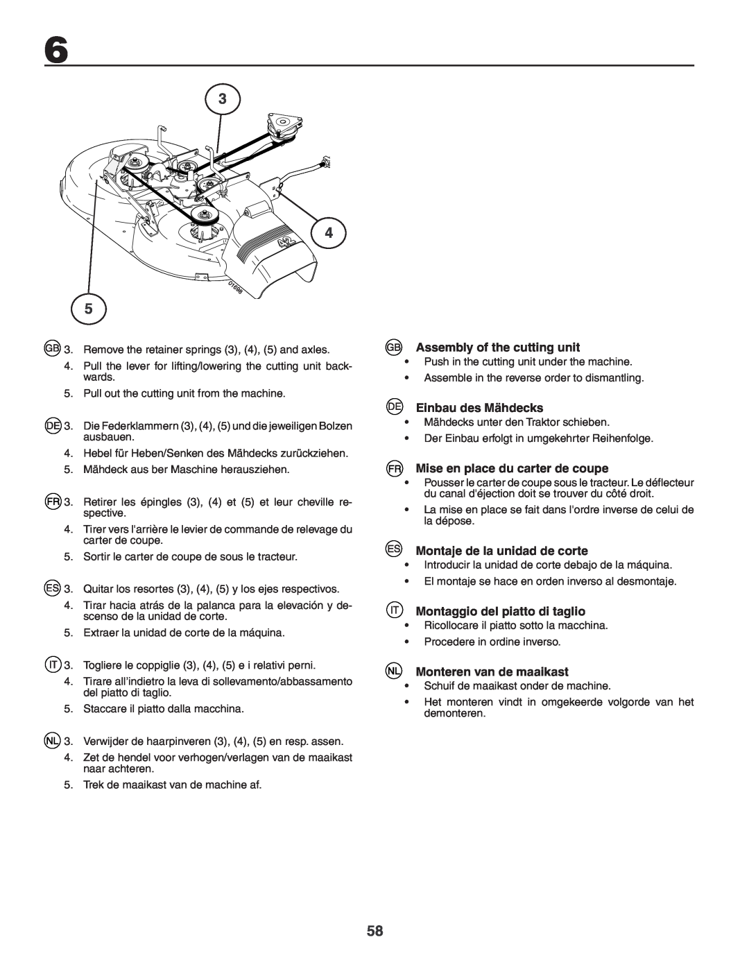 Husqvarna YTH180XP instruction manual Assembly of the cutting unit, Einbau des Mähdecks, Mise en place du carter de coupe 