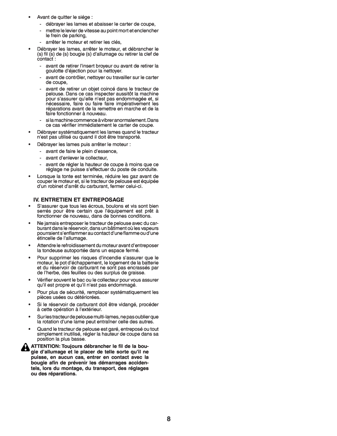Husqvarna YTH180XP instruction manual Iv. Entretien Et Entreposage 