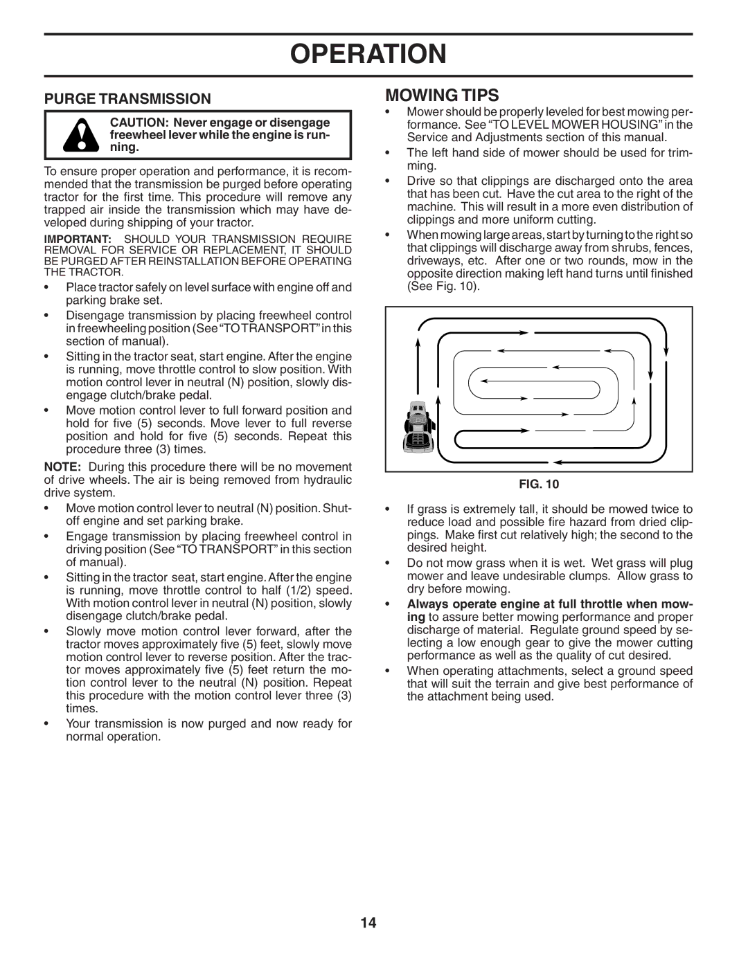 Husqvarna YTH1842 owner manual Mowing Tips, Purge Transmission 