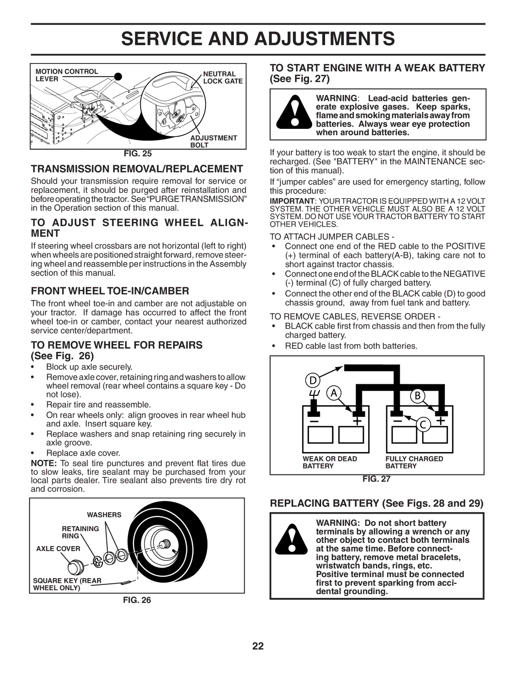 Husqvarna YTH1842 Transmission REMOVAL/REPLACEMENT, To Adjust Steering Wheel ALIGN- Ment, Front Wheel TOE-IN/CAMBER 