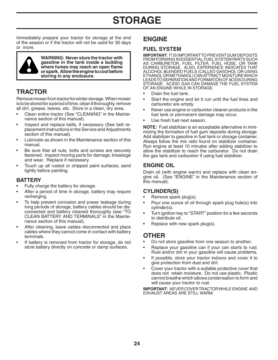 Husqvarna YTH1842 owner manual Storage, Other, Fuel System, Engine OIL, Cylinders 