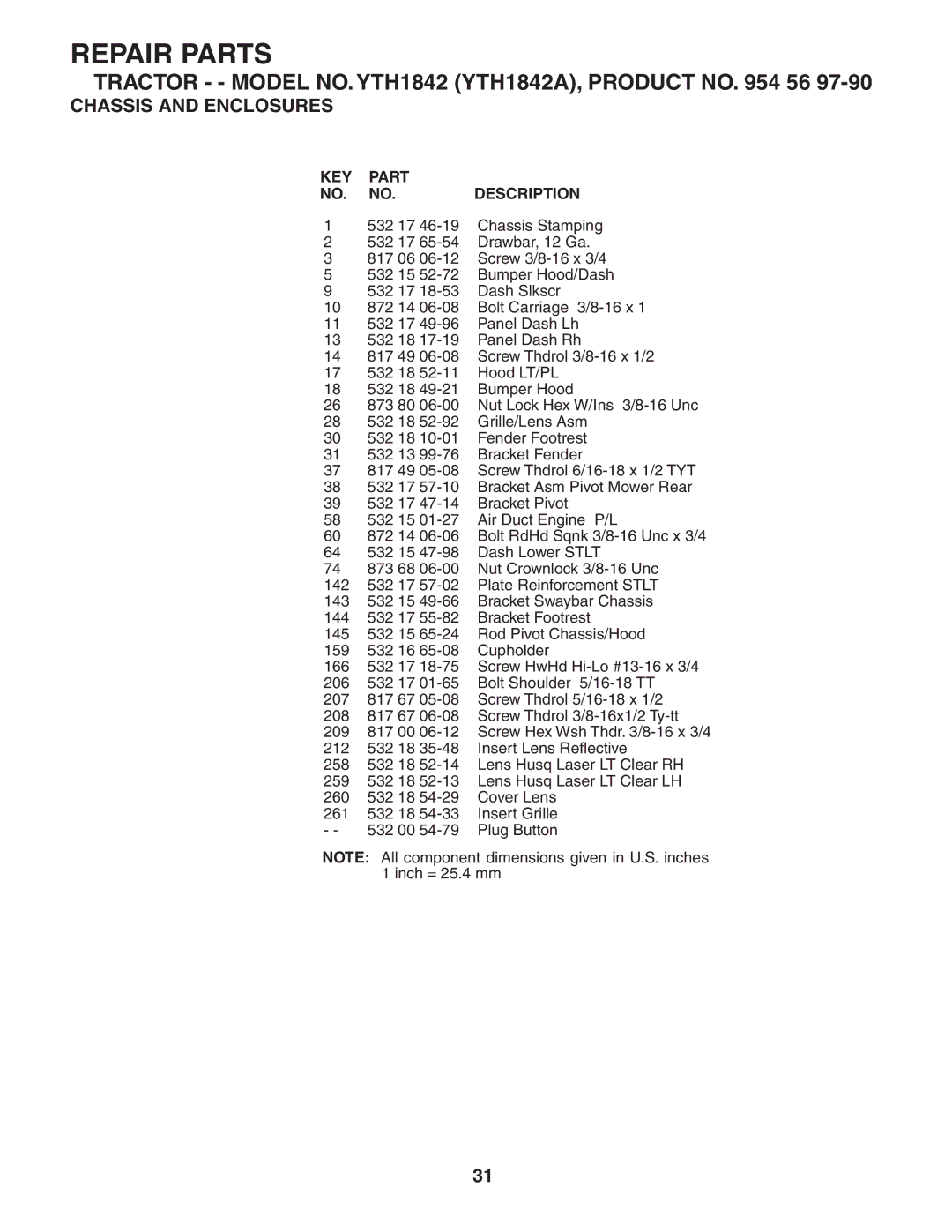 Husqvarna YTH1842 owner manual Repair Parts 