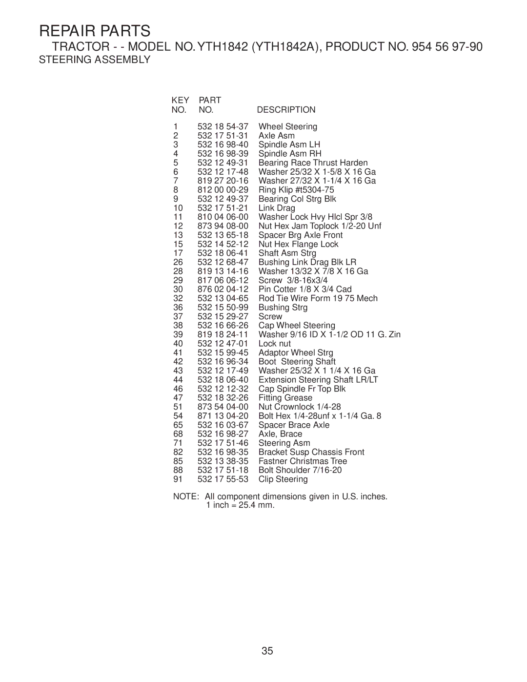 Husqvarna YTH1842 owner manual Repair Parts 