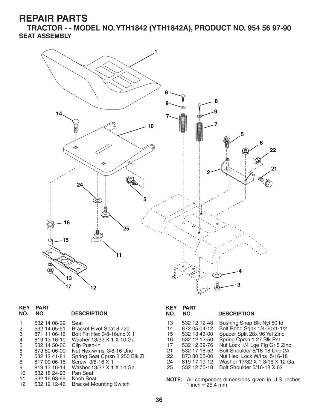 Husqvarna YTH1842 owner manual Seat Assembly, 532 14 Seat 