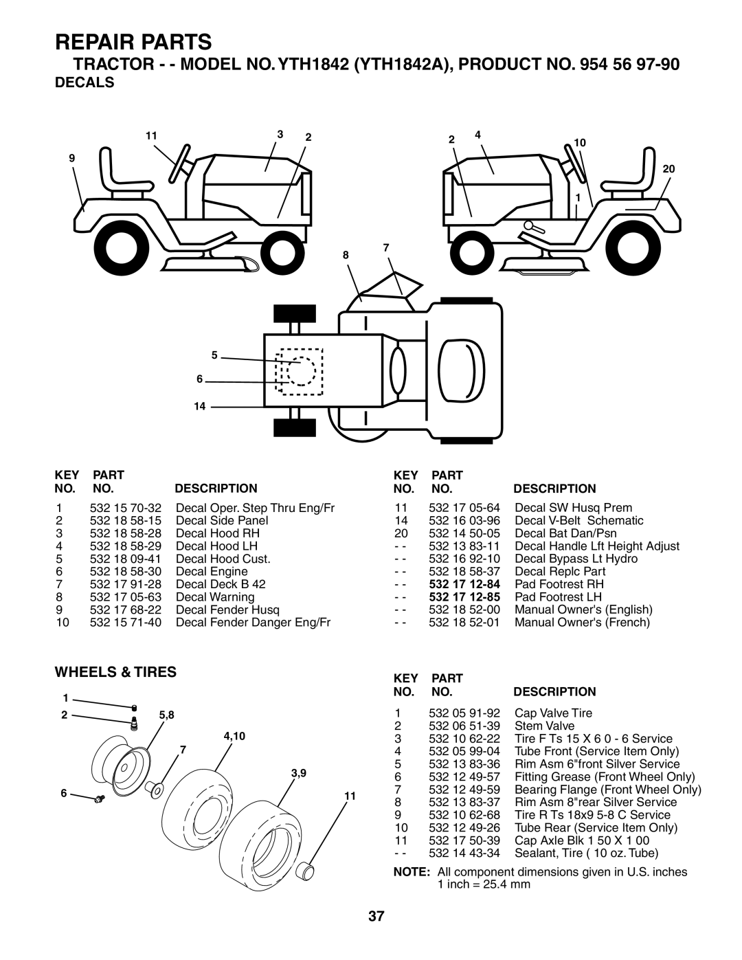 Husqvarna YTH1842 owner manual Decals, Wheels & Tires 