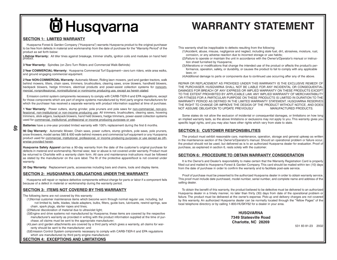 Husqvarna YTH1842 owner manual Warranty Statement 