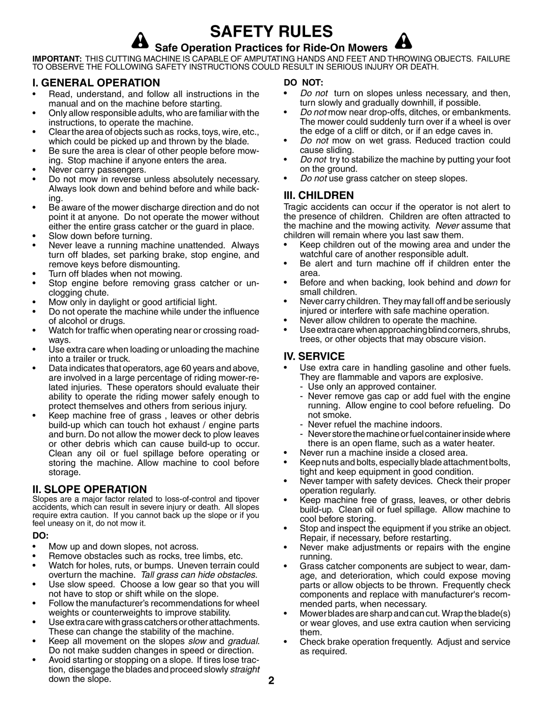 Husqvarna YTH1842 Safety Rules, Safe Operation Practices for Ride-On Mowers, I. General Operation, Ii. Slope Operation 