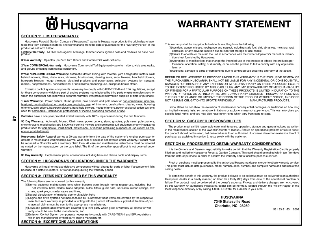 Husqvarna YTH1842 owner manual Warranty Statement, Limited Warranty, Husqvarna’S Obligations Under The Warranty 
