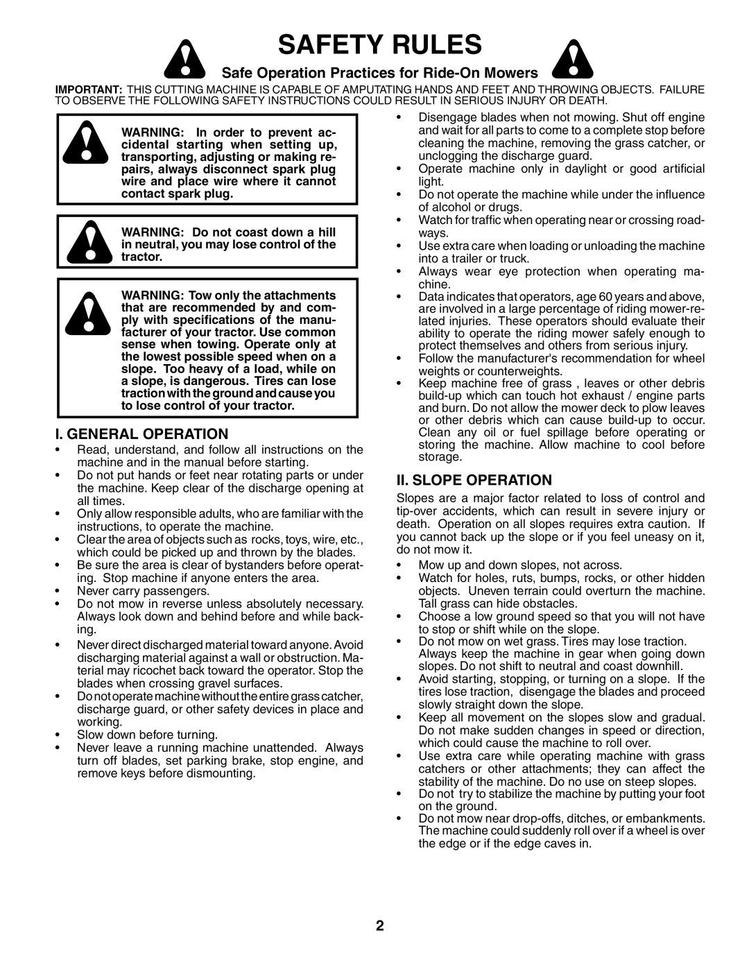 Husqvarna YTH1842XP Safety Rules, Safe Operation Practices for Ride-On Mowers, General Operation, II. Slope Operation 