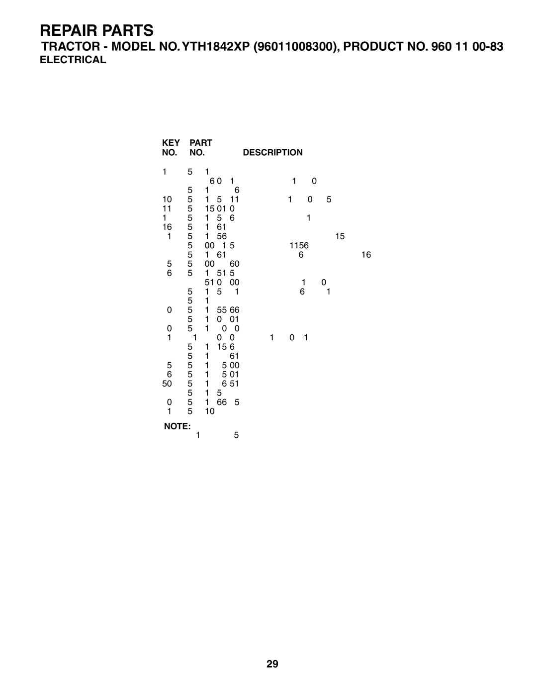 Husqvarna YTH1842XP owner manual KEY Part NO. NO. Description 