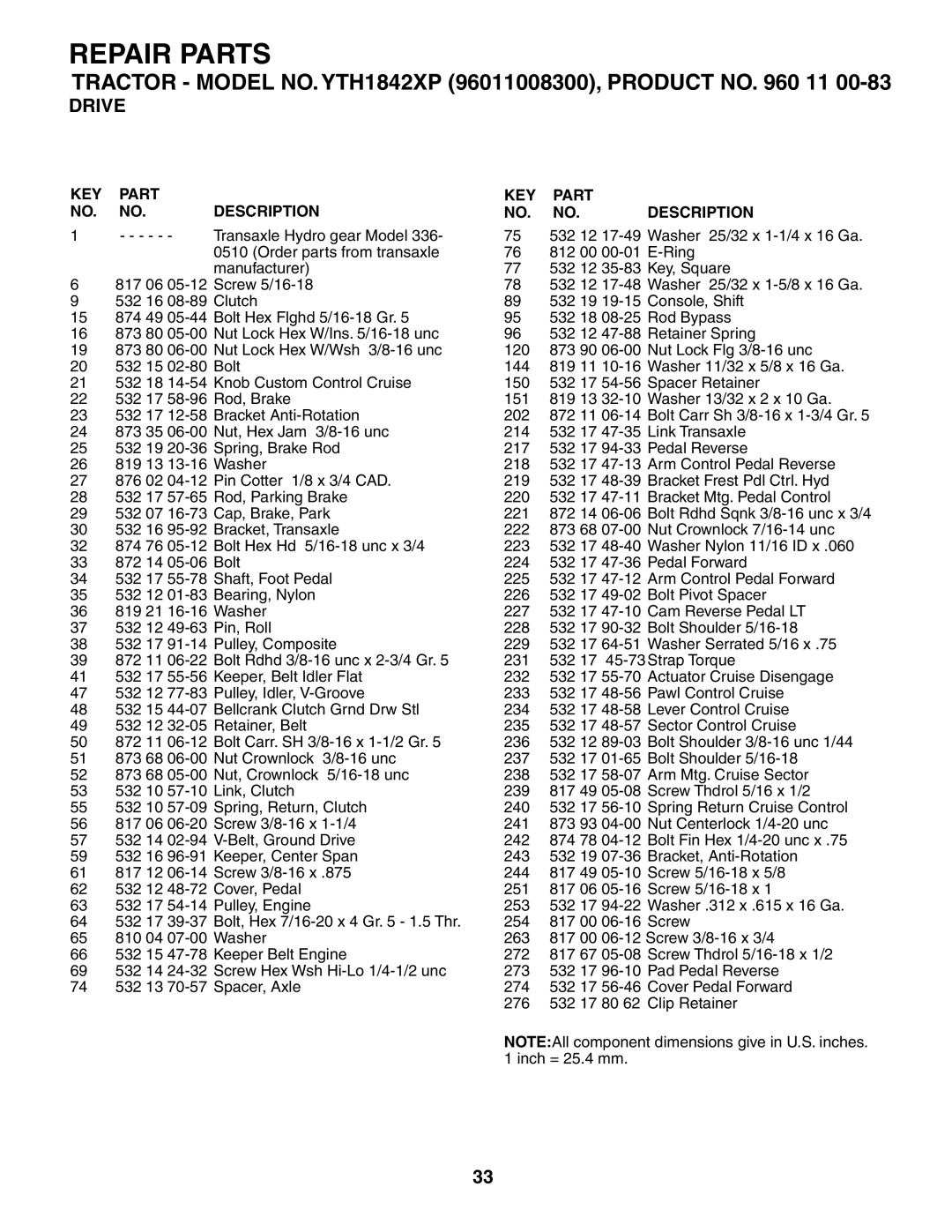 Husqvarna YTH1842XP owner manual Drive, KEY Part Description 