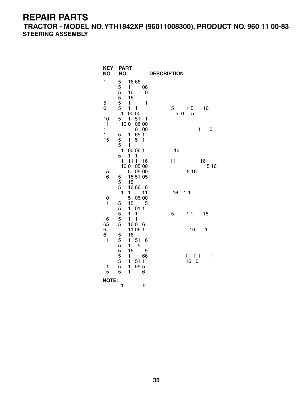 Husqvarna YTH1842XP owner manual KEY Part NO. NO. Description 