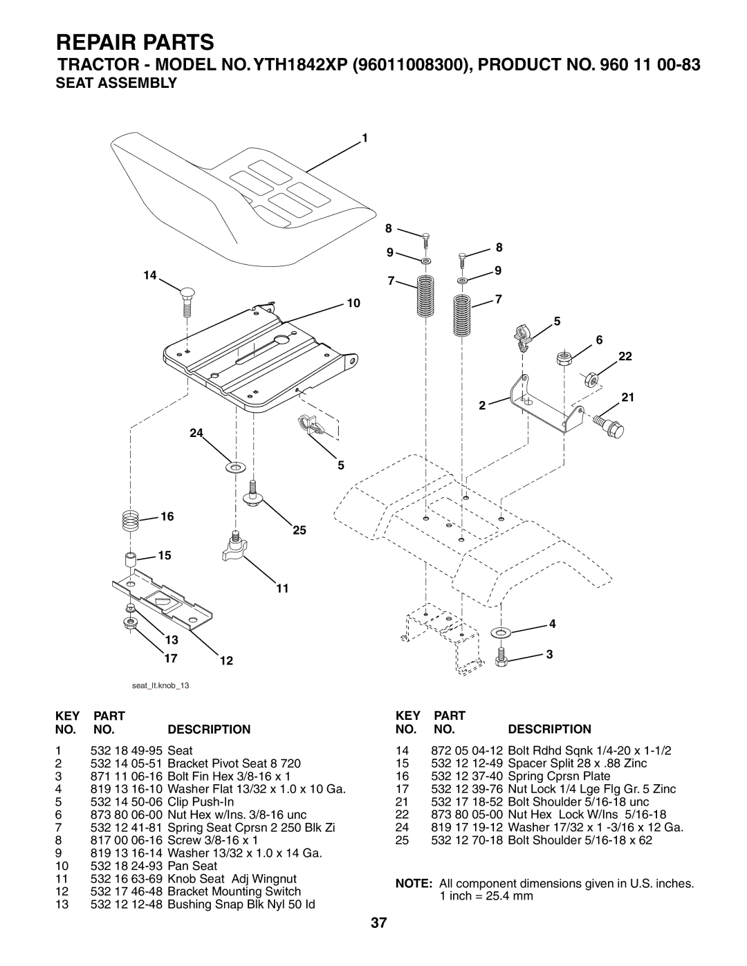 Husqvarna YTH1842XP owner manual Seat Assembly 