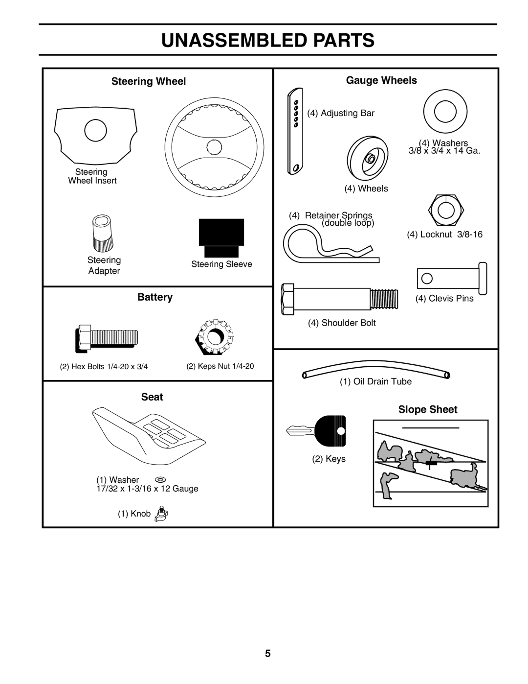 Husqvarna YTH1842XP owner manual Unassembled Parts, Steering Wheel Gauge Wheels 