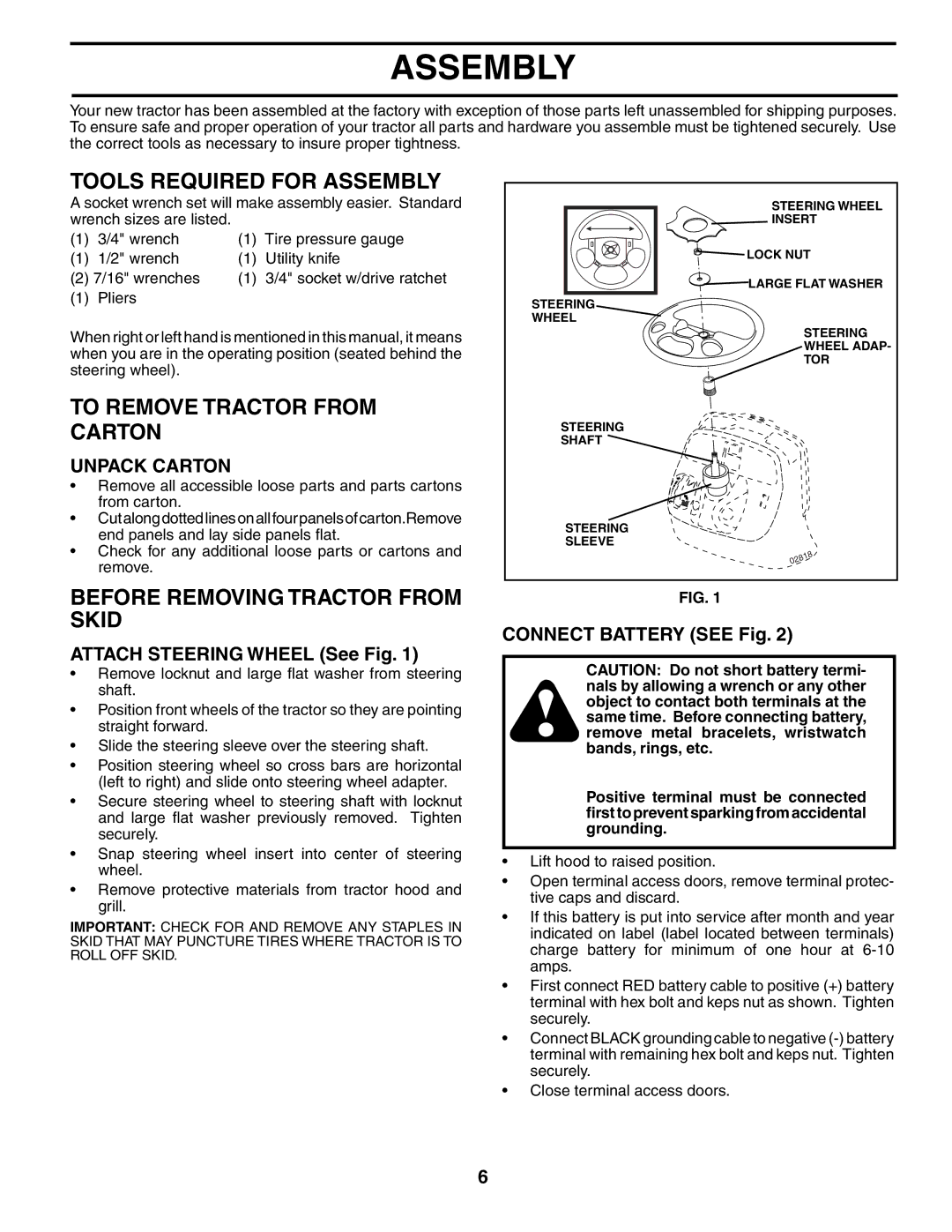 Husqvarna YTH1842XP Tools Required for Assembly, To Remove Tractor from Carton, Before Removing Tractor from Skid 