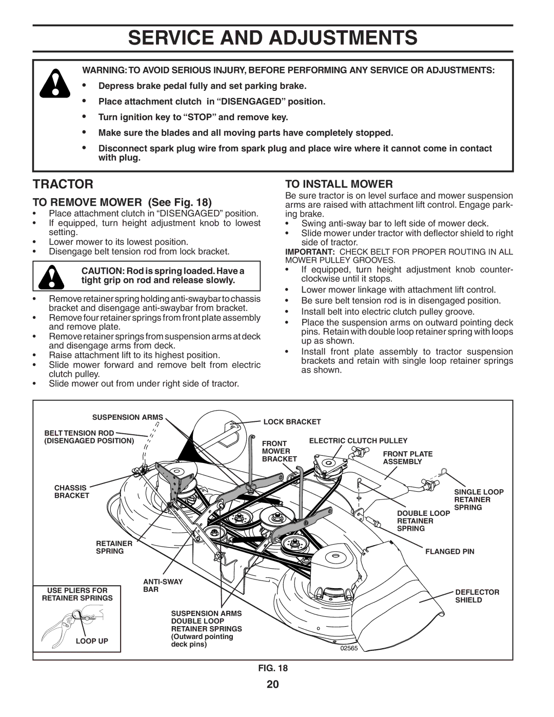 Husqvarna YTH1848XP owner manual Service and Adjustments, To Remove Mower See Fig, To Install Mower 