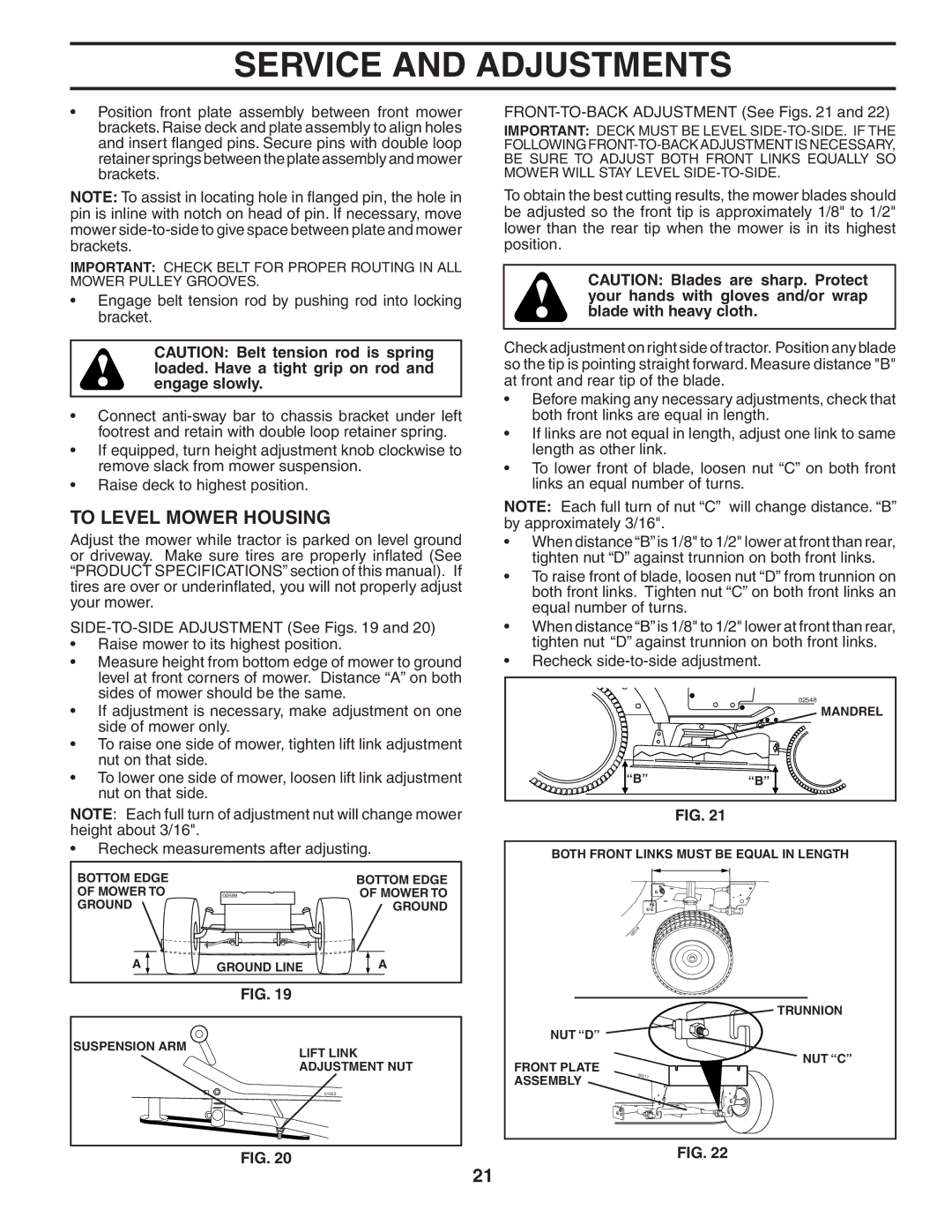 Husqvarna YTH1848XP owner manual To Level Mower Housing, FRONT-TO-BACK Adjustment See Figs 